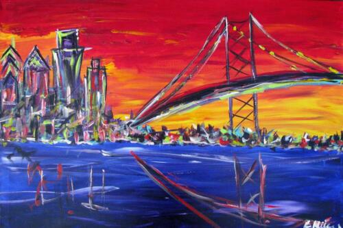 Ben Franklin Bridge Philadelphia Sunset Skyline painting