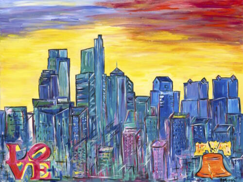 Philadelphia skyline with LOVE and Liberty Bell painting 
