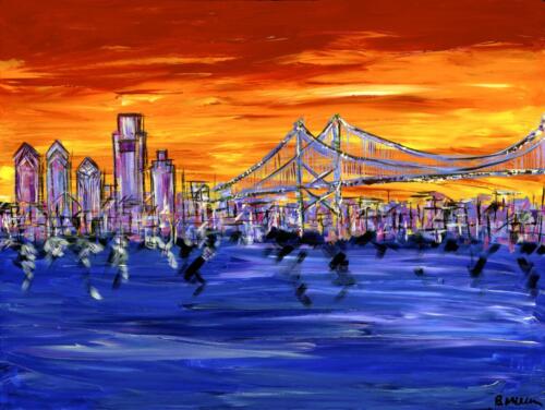 Ben Franklin Bridge Philadelphia skyline painting 